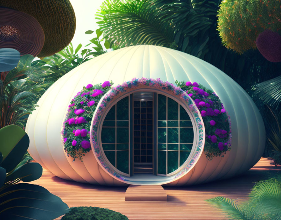 Futuristic Pod-Shaped House with Round Door and Windows in Lush Plant Surroundings