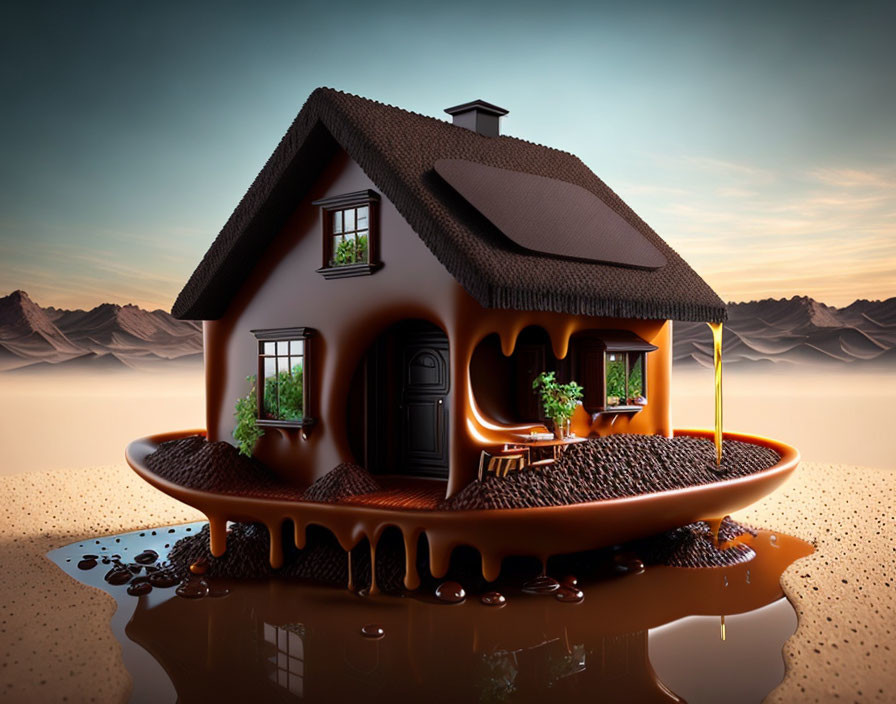 Chocolate House Illustration Against Desert Backdrop