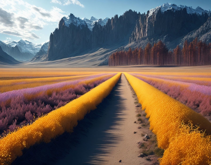 Colorful patterned fields and mountain range in surreal landscape