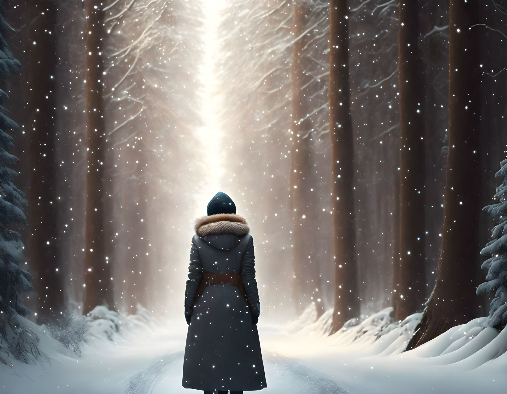 Person in Winter Coat on Snowy Forest Path with Falling Snowflakes