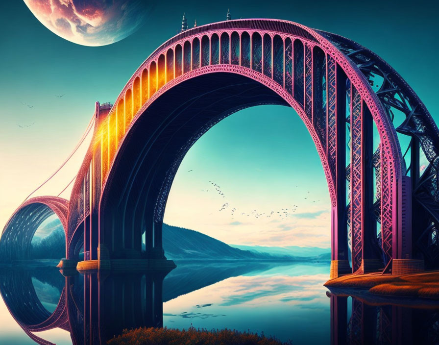 Surreal landscape with ornate bridge, glowing sunset, and planetary bodies.