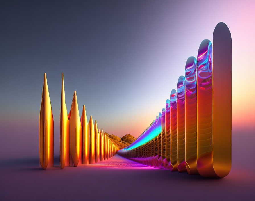 Vibrant digital artwork: reflective, wavy vertical shapes on gradient sky.