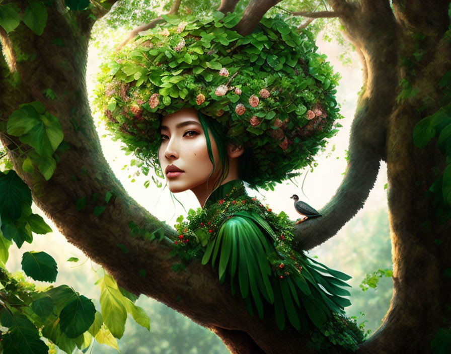 Fantastical portrait of woman with green skin and leafy bush head in forest setting