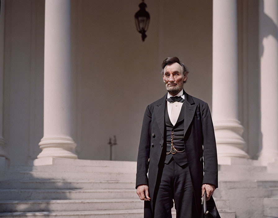 Man in Black Suit and Bow Tie Standing in Front of Historical Building with Columns and Lantern