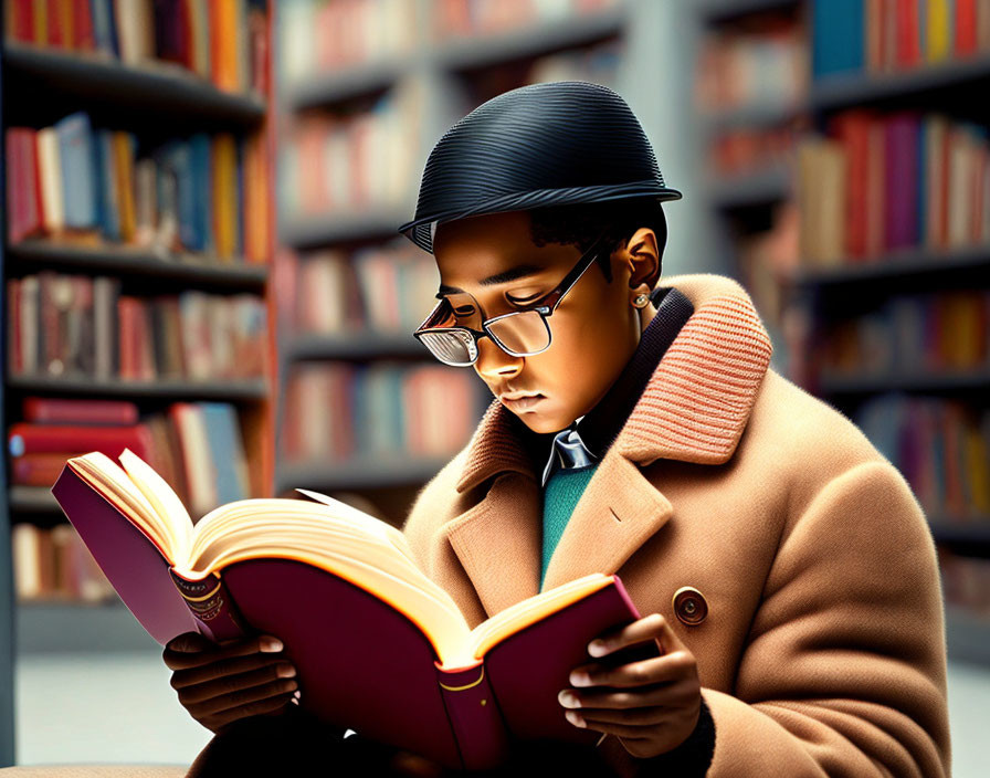 Young person reading book in library wearing glasses, coat, and cap