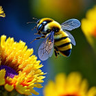 Translucent-winged bumblebee hovers above vibrant flowers