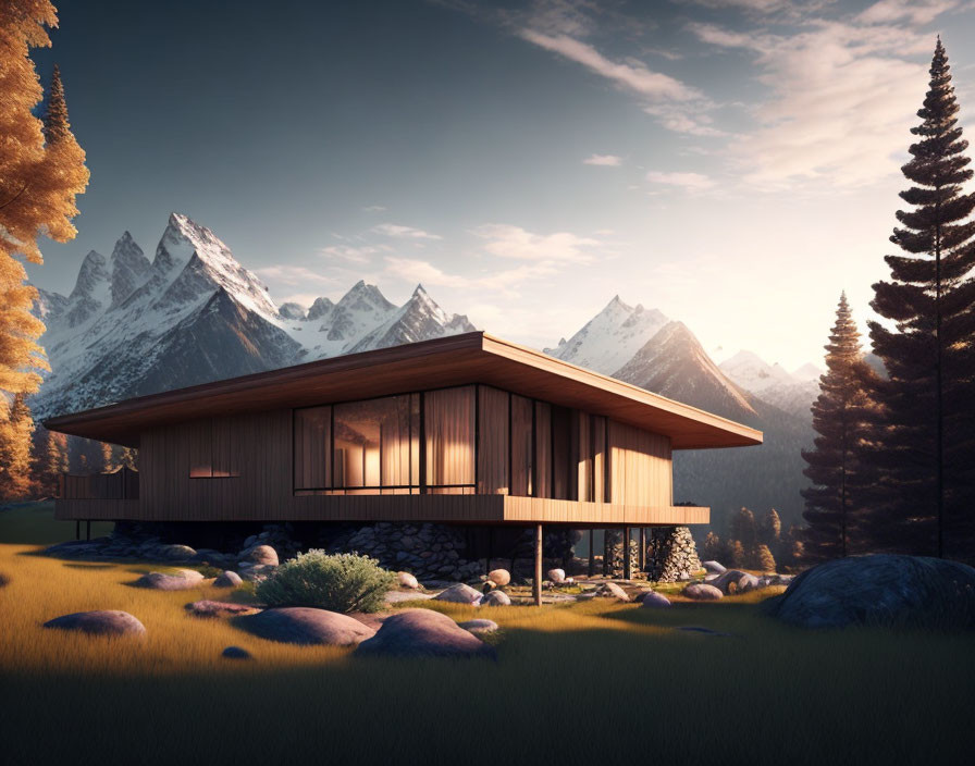 Modern House with Flat Roof, Large Windows, and Wooden Exterior in Tranquil Mountain Setting at Sunset