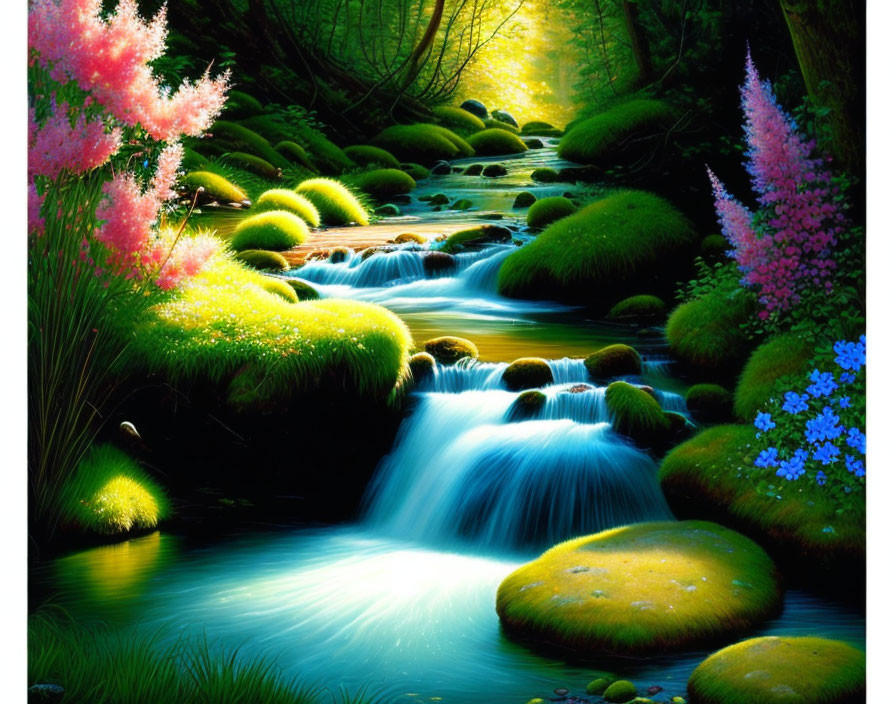 Enchanted creek with moss-covered stones and colorful flowers