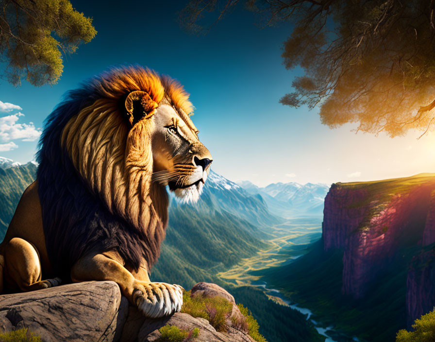 Majestic lion overlooking valley, rivers, and mountains