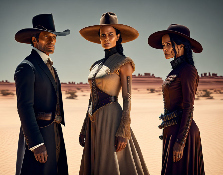 Three people in Western attire standing confidently in desert landscape