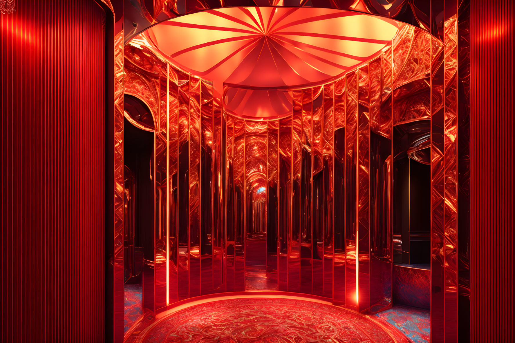 Opulent corridor with red velvet curtains and golden walls