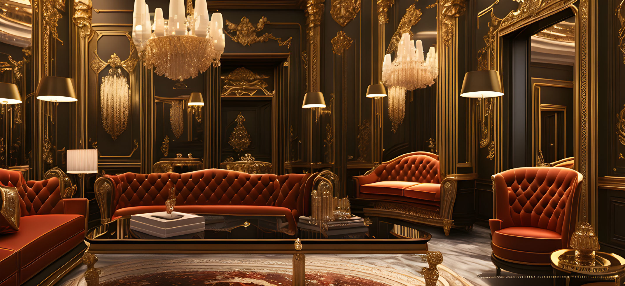 Luxurious Gold and Black Room with Red Velvet Sofas and Crystal Chandeliers