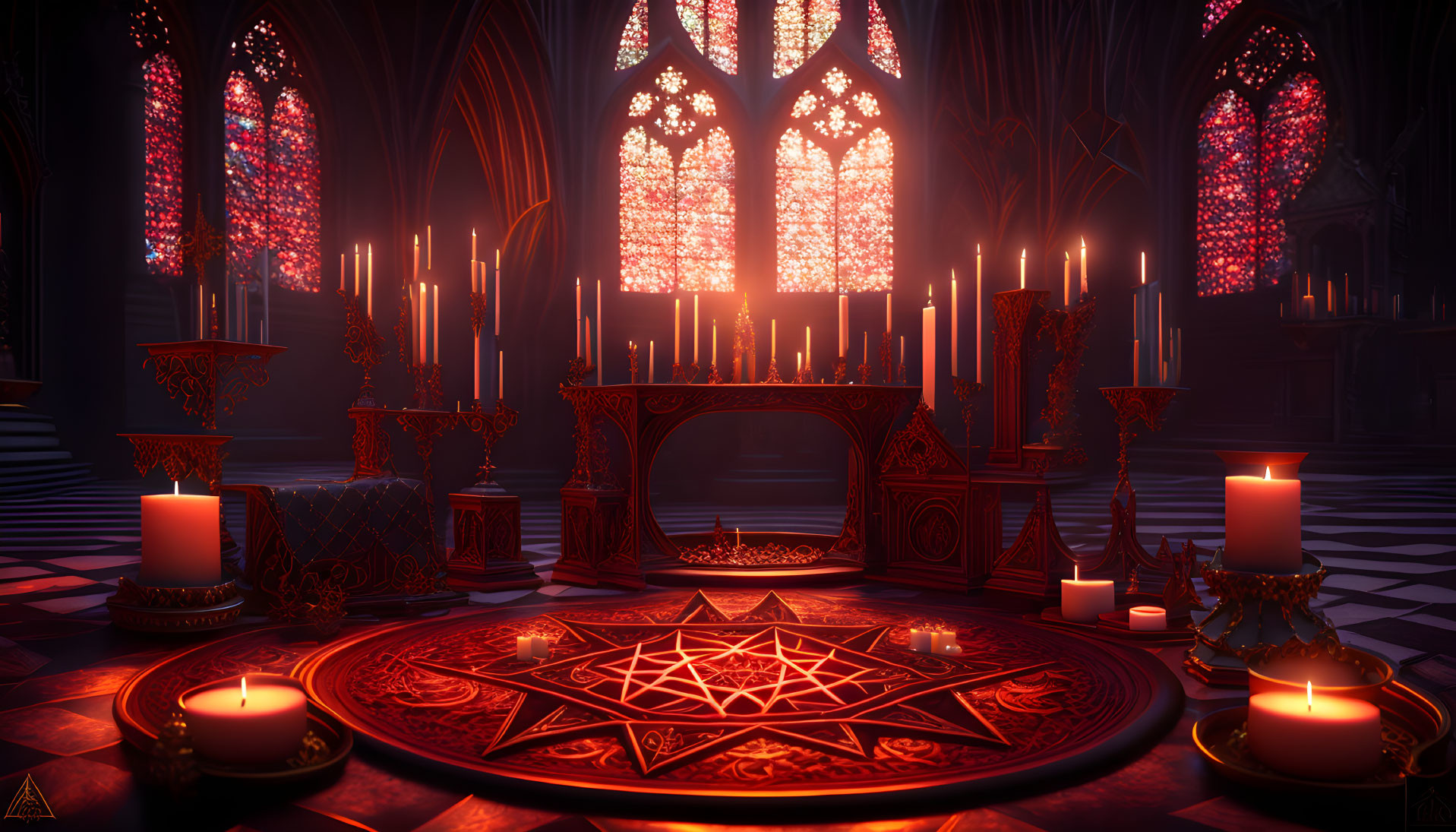 Gothic chamber with stained glass windows, candles, and pentagram.