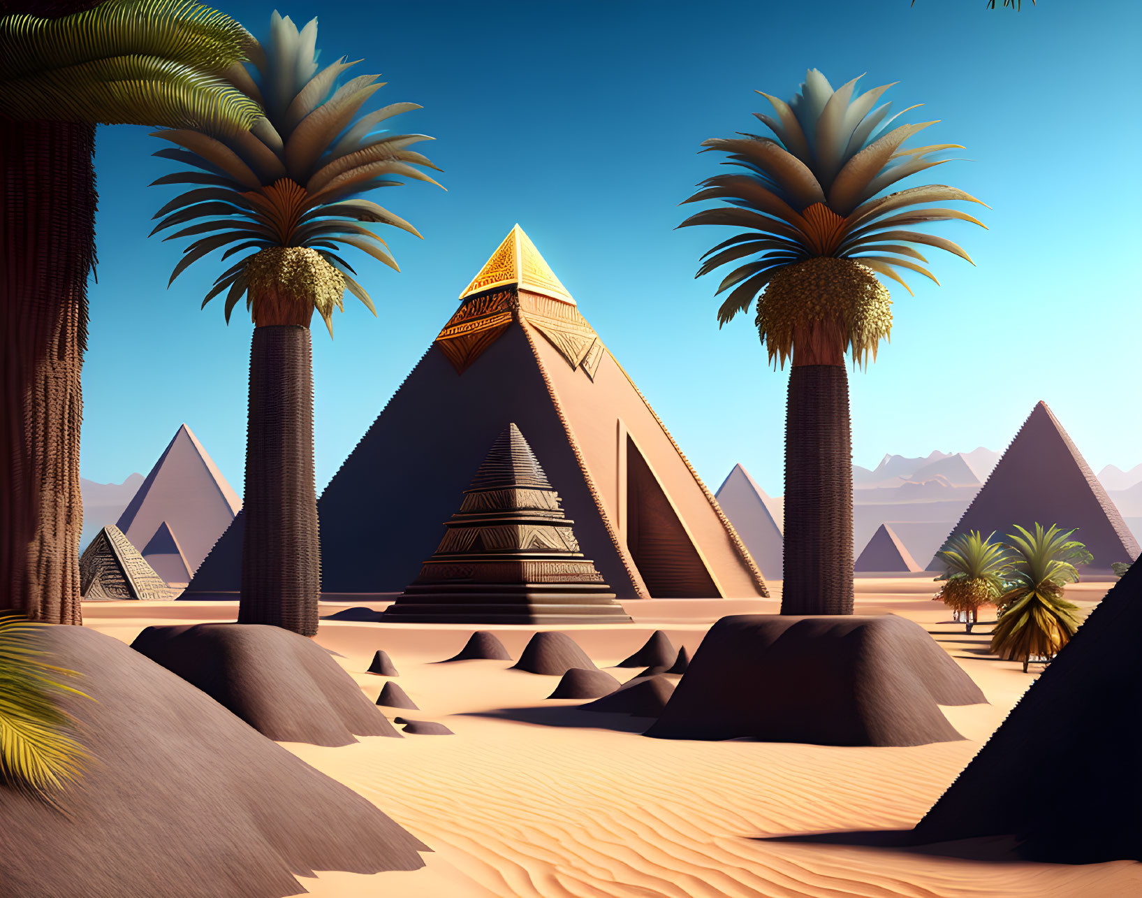 Digital artwork of stylized Egyptian pyramids in idyllic desert scene