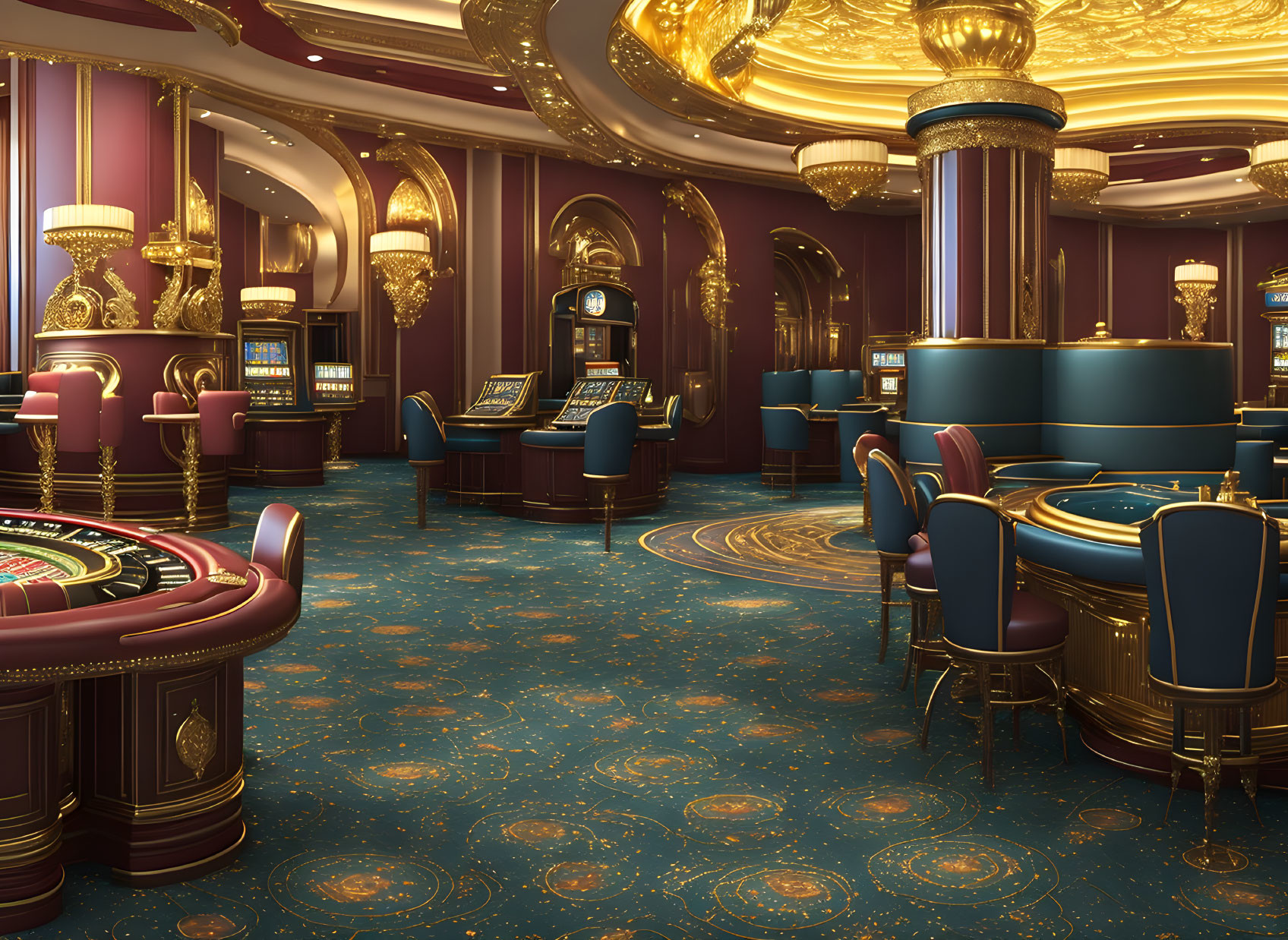 Luxurious Casino Interior with Plush Seating and Golden Accents