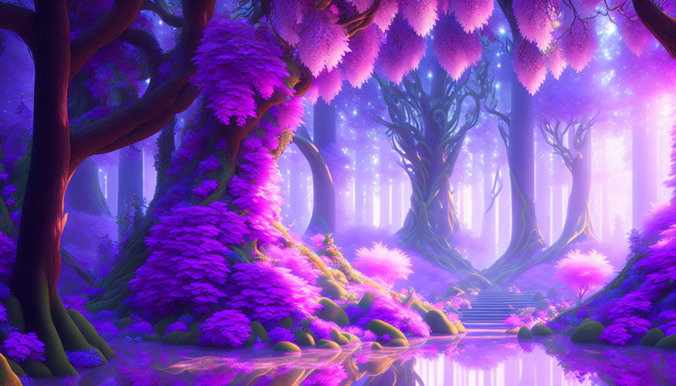 Vivid Magical Forest with Purple and Pink Hues