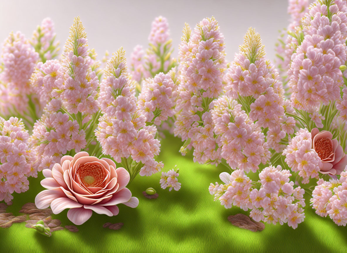 Pink Flowers and Green Leaves on Woven Fabric: Spring Essence