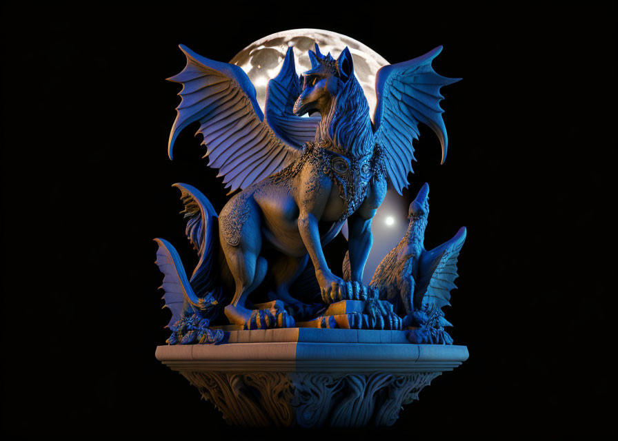Blue and Silver Dragon Sculpture Against Full Moon on Dark Background