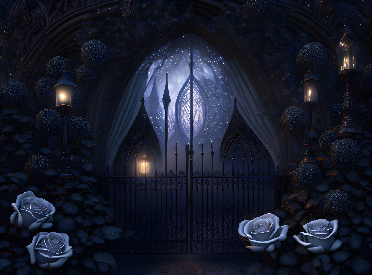 Mystical blue-themed image with iron gate, roses, magical tree, gothic archway,