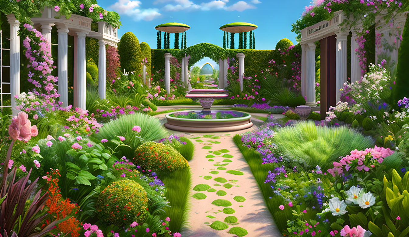 Vibrant garden path with flowers, fountain, and classical architecture