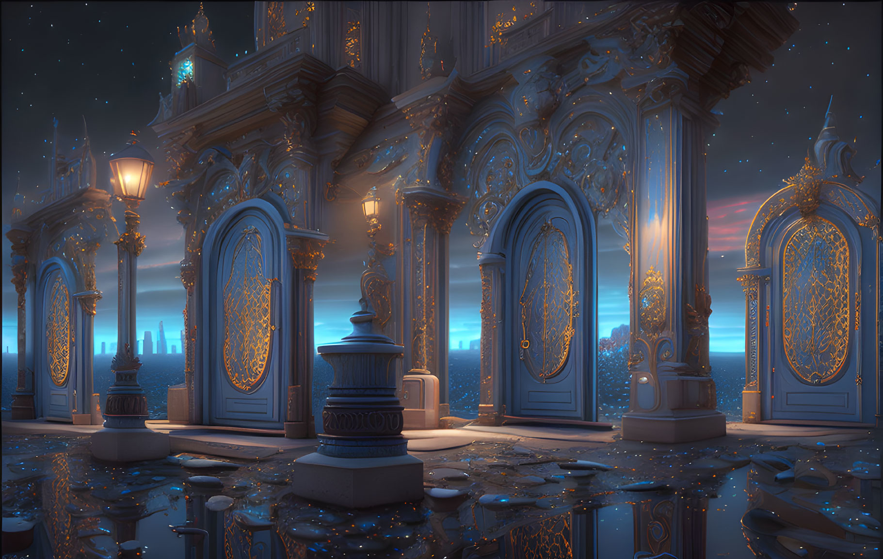 Elaborate Fantasy Palace Balcony with Golden Doors and Lanterns