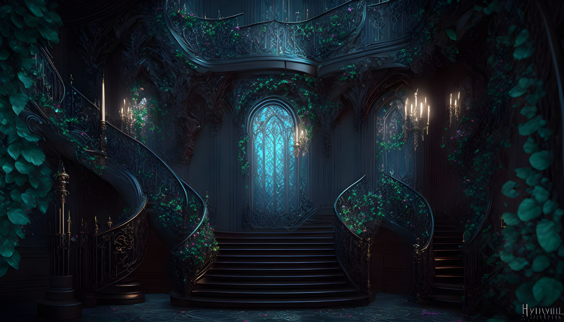 Ornate symmetrical double staircase entwined with glowing green vines in grand dark room