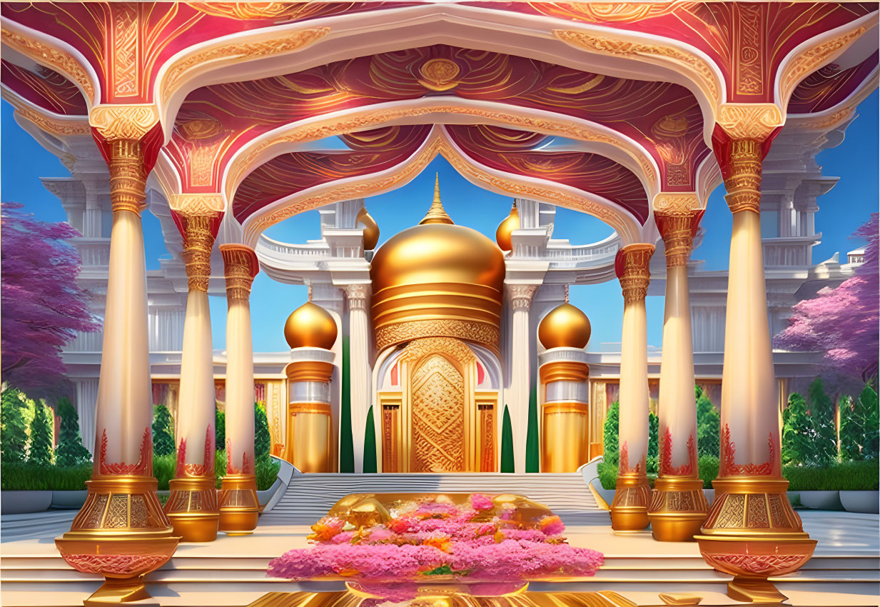 Luxurious Palace Interior with Golden Columns and Vibrant Flowers