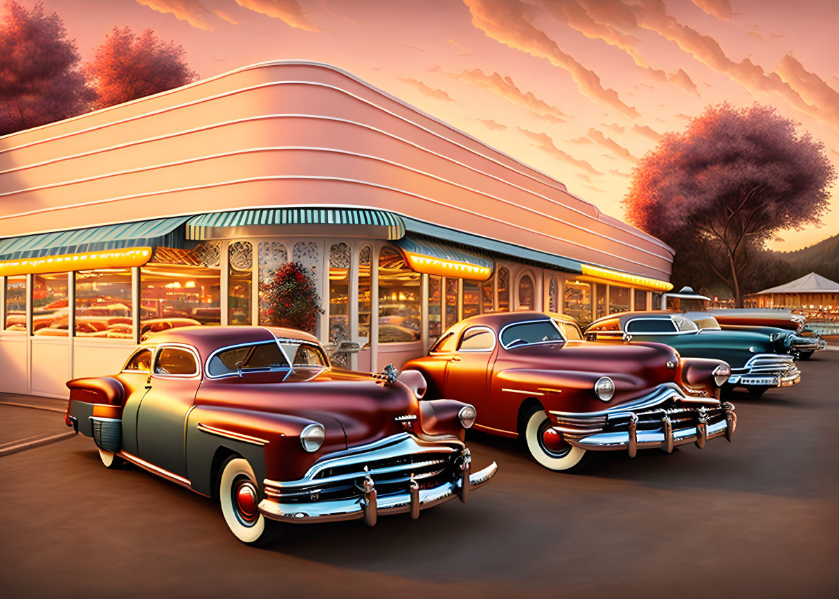 Classic 1950s diner with vintage cars and neon lights at dusk