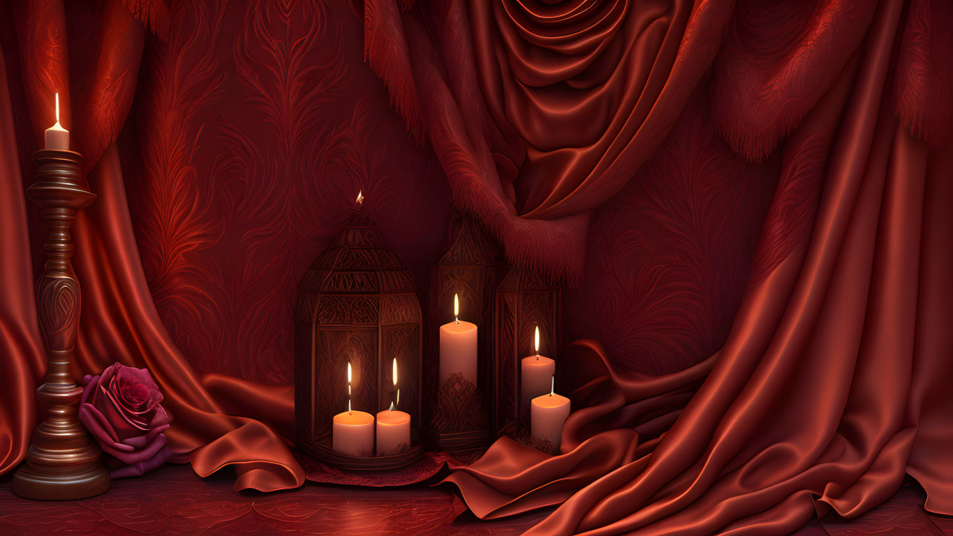 Red Draped Room with Candles, Rose, and Lanterns for Romantic Ambiance