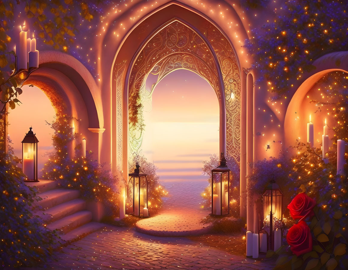 Enchanting archway with glowing candles and lanterns under a starlit sky.