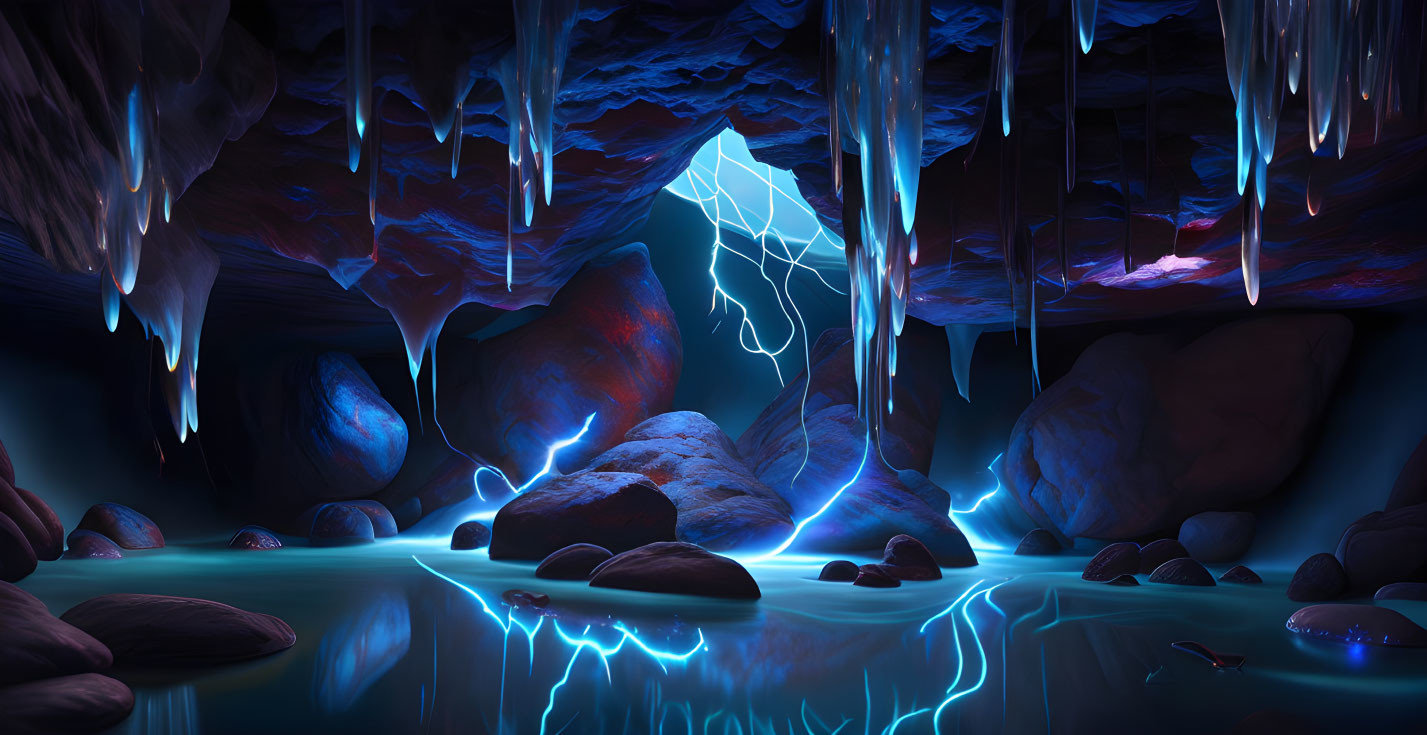 Glowing underground cave with stalactites and blue light streaks