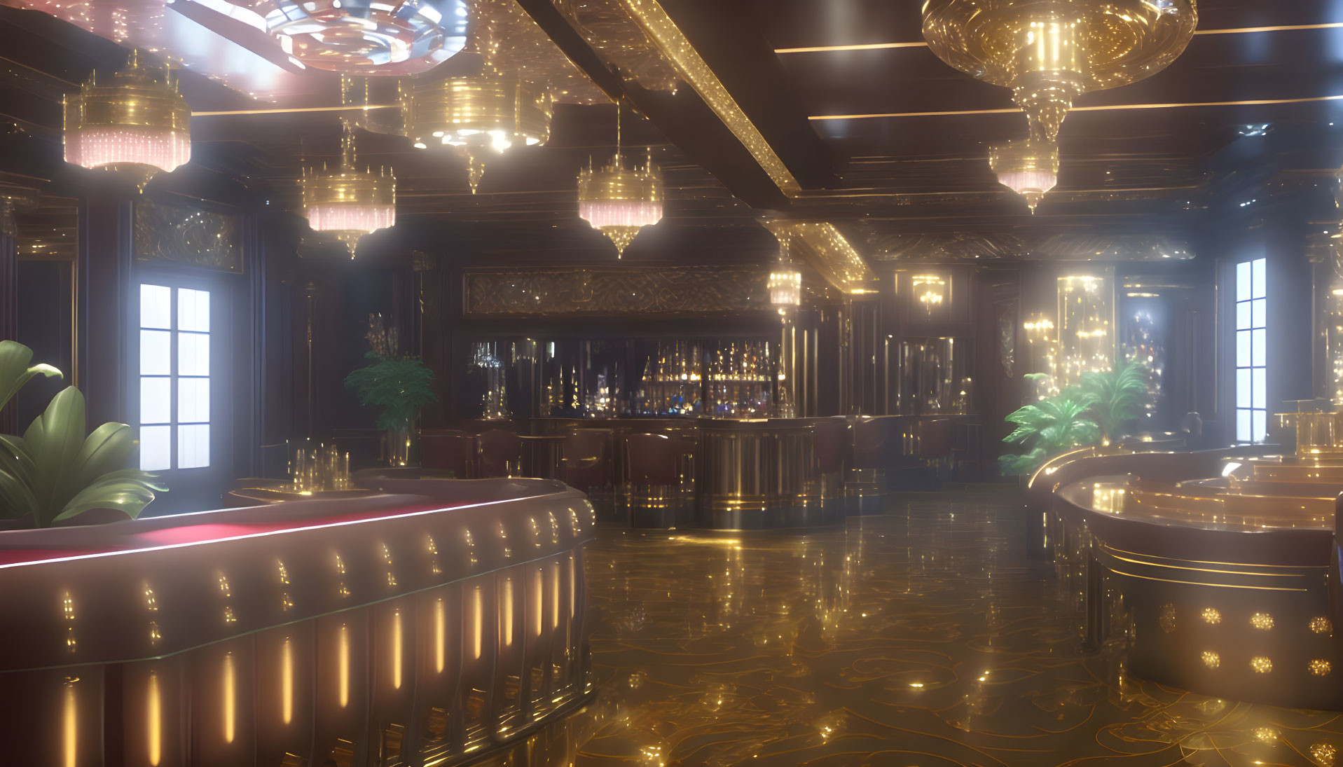 Luxurious interior with ornate chandeliers, glossy bar, plush seating, and marble floors ex