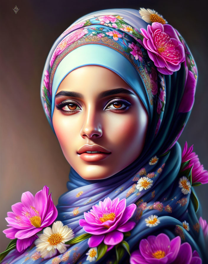 Portrait of Woman with Striking Eyes in Blue and Pink Floral Hijab