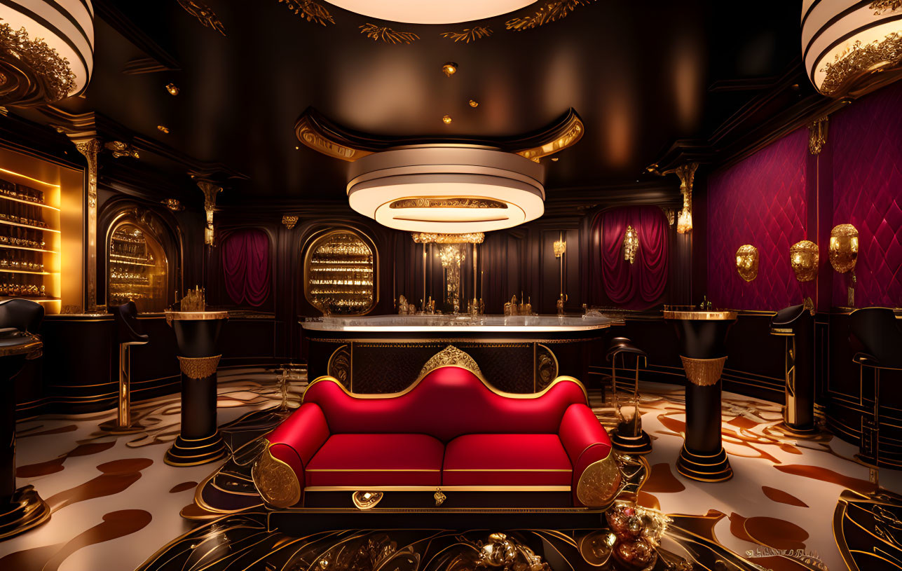 Luxurious Bar with Red Sofa, Golden Accents, Circular Lights, Drapery in Black &