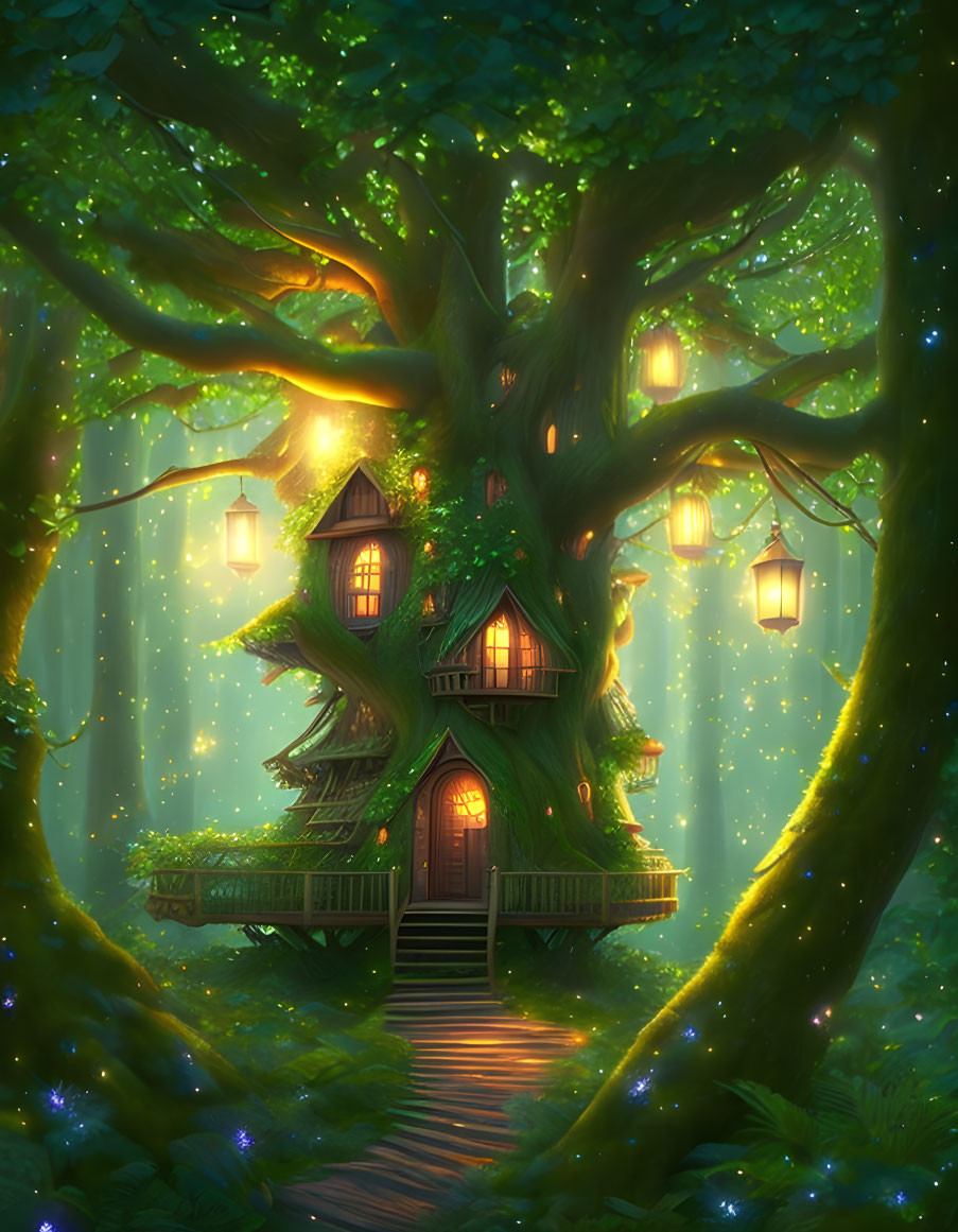 Enchanting Treehouse with Glowing Lanterns in Magical Forest