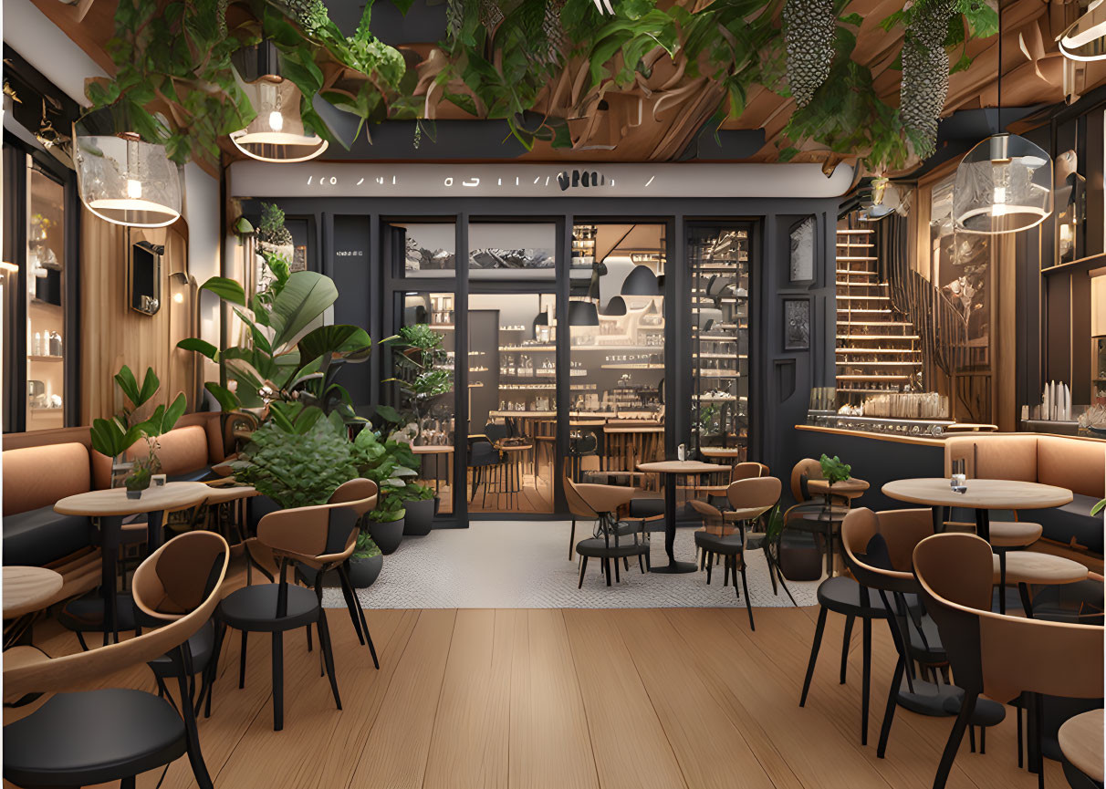 Modern Cafe with Wooden Furniture, Plants, Pendant Lights, and Bottles on Shelves