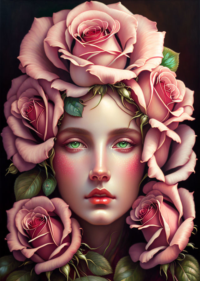 Digital portrait of woman with pale skin, vibrant green eyes, surrounded by lush pink roses and green leaves