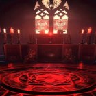 Gothic chamber with stained glass windows, candles, and pentagram.