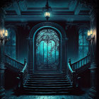 Ornate symmetrical double staircase entwined with glowing green vines in grand dark room