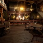 Rustic wooden tavern interior with balcony, stairway, and candlelit tables