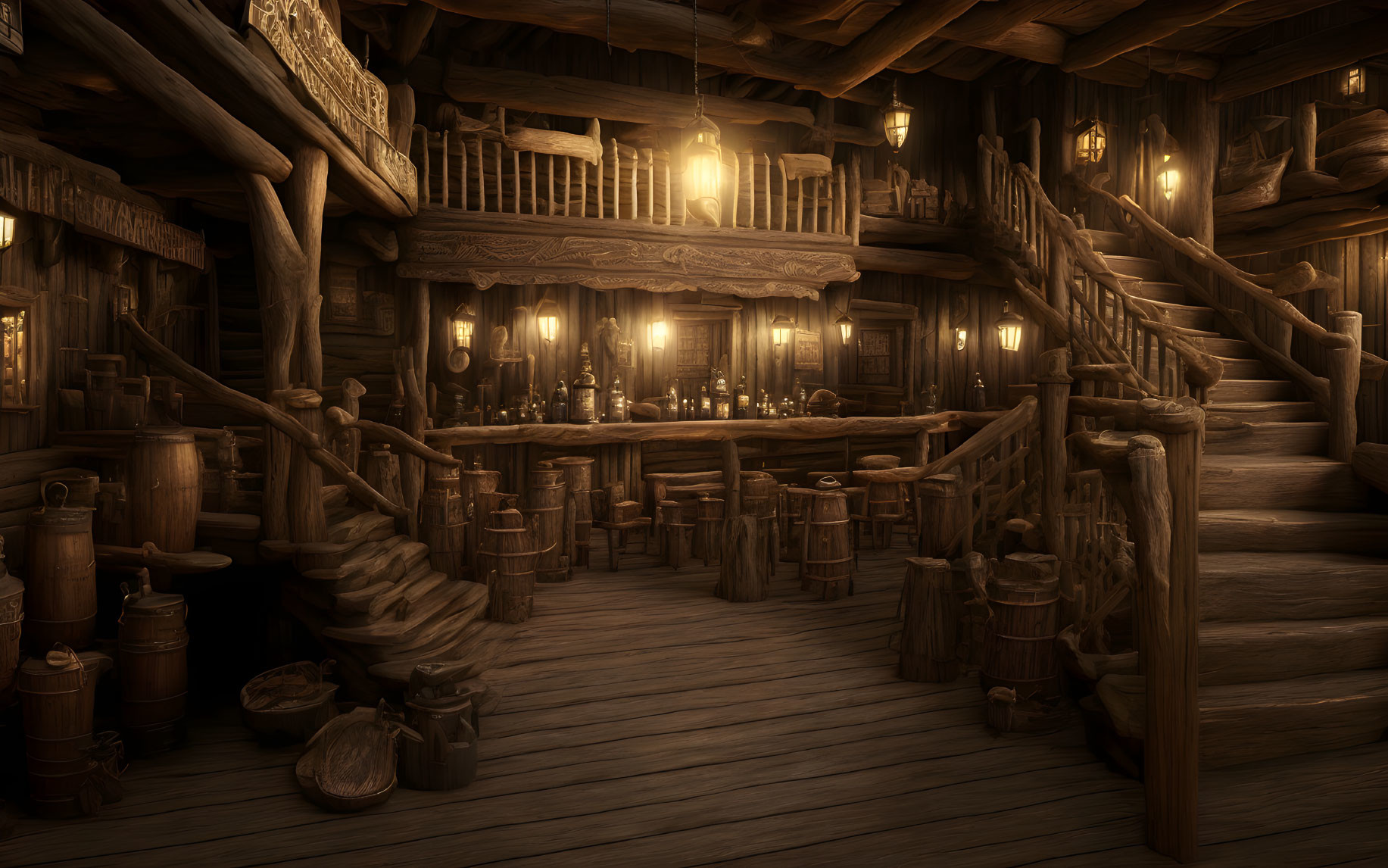 Rustic wooden tavern interior with balcony, stairway, and candlelit tables