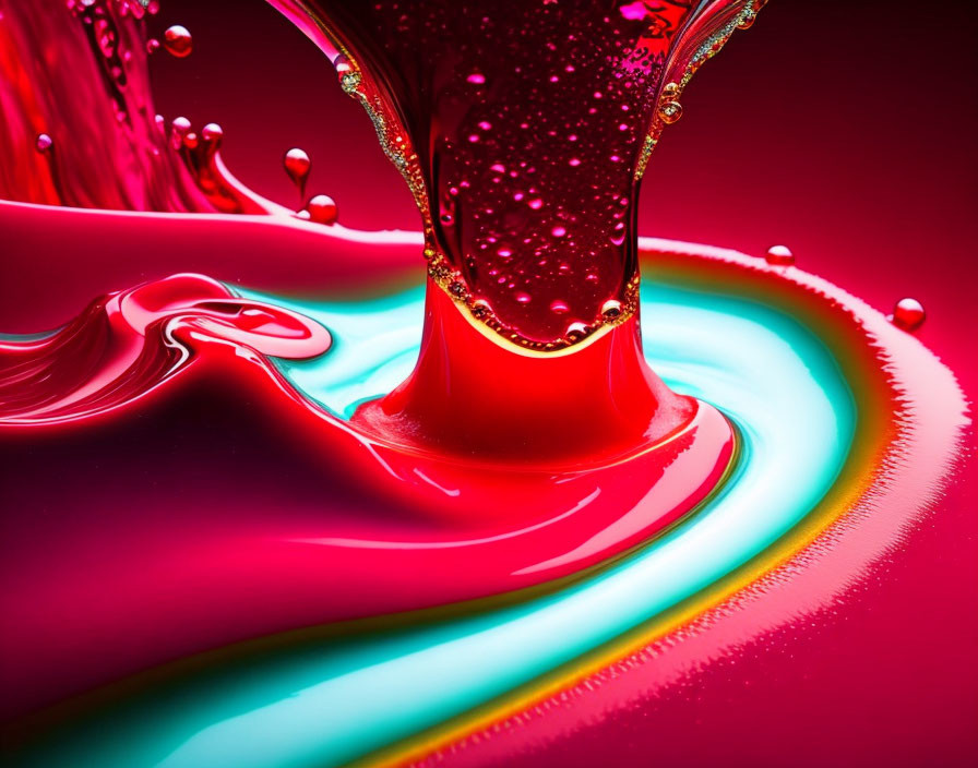 Dynamic Red Liquid Splash with Fine Droplets on Turquoise Background