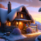 Snow-covered log cabin decorated with holiday wreaths in twilight ambiance