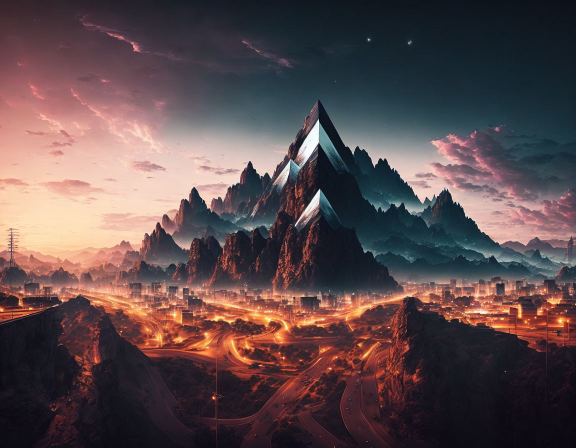 Futuristic twilight cityscape with luminous roads, towering mountains, starry sky, and mon