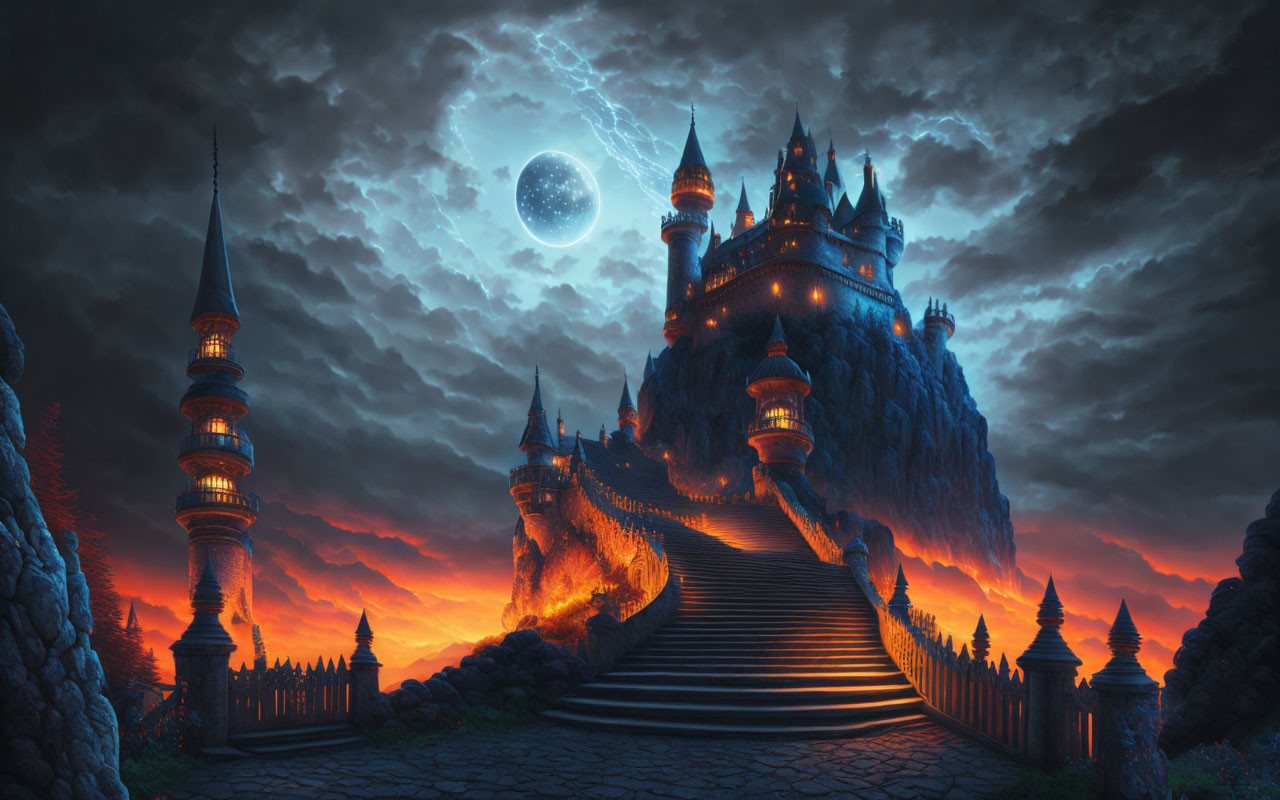 Fantasy castle on cliff under full moon with fiery clouds & blue lights