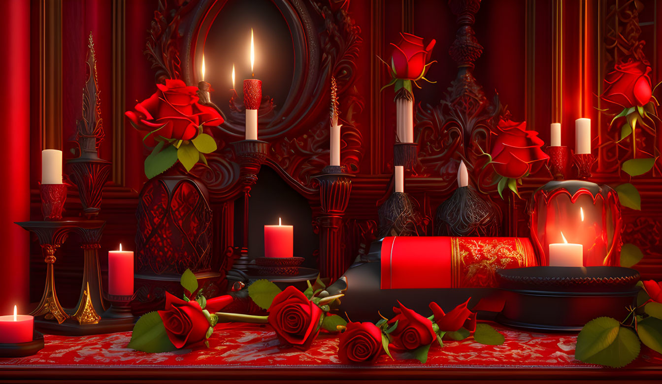 Romantic Red-themed Table Setting with Candles, Roses, and Lantern