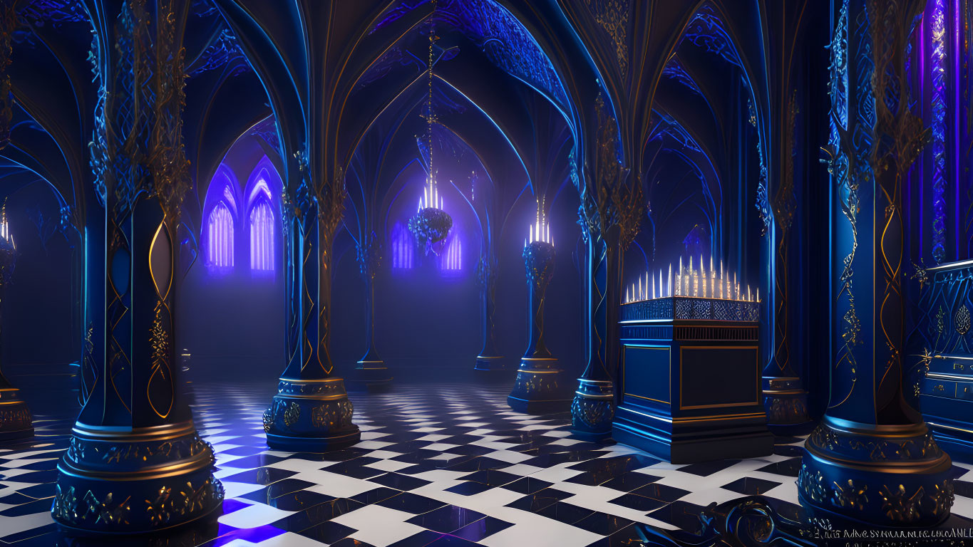 Gothic-style hall with high arches, blue lighting, intricate columns, and checkered floor