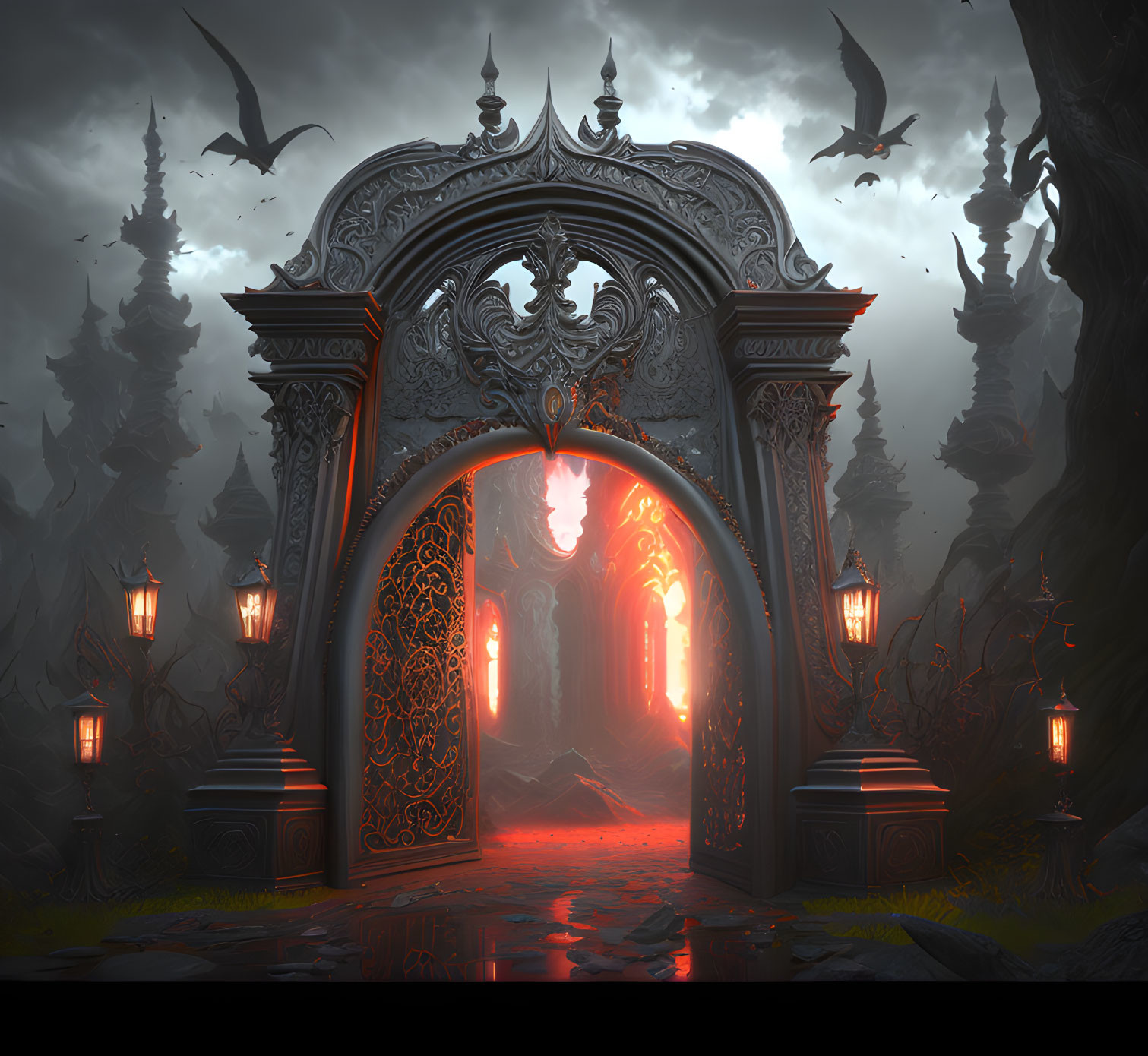 Eerie red light illuminates ornate gate in gothic landscape