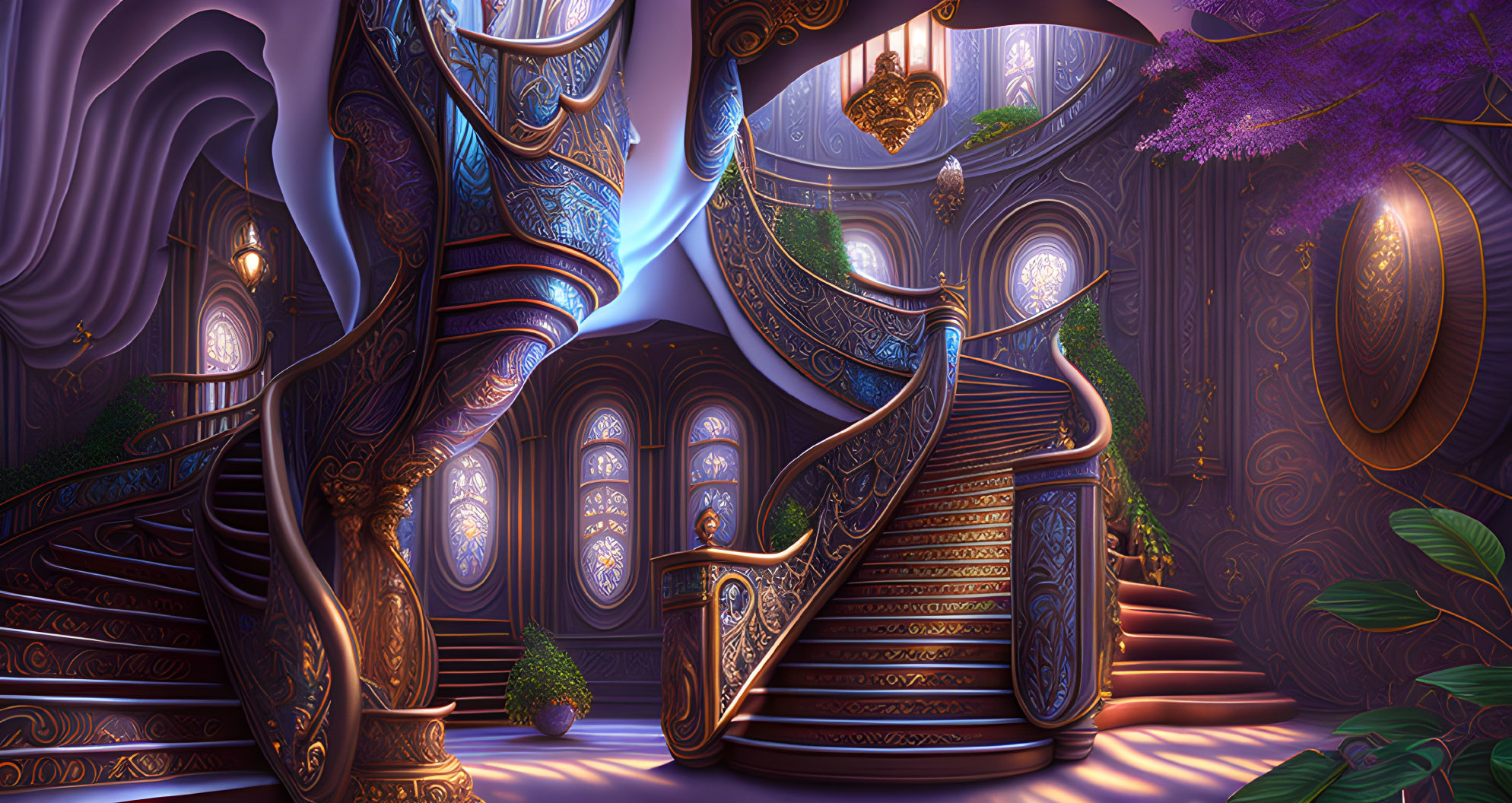 Ornate interior with spiral staircase, purple foliage, and golden details