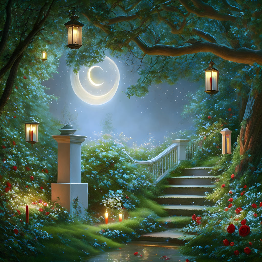 Nighttime garden scene with crescent moon, lanterns, stairway, greenery, and red